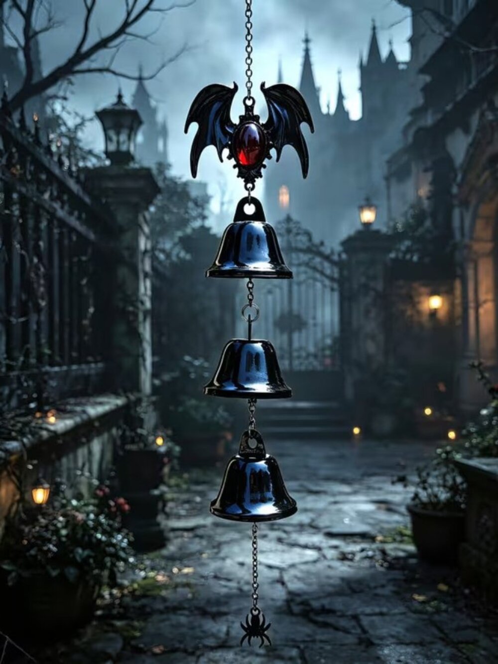 Gothic Bat Wing Wind Chime w Black Metal Bell w Ruby Pendant 16.5"L